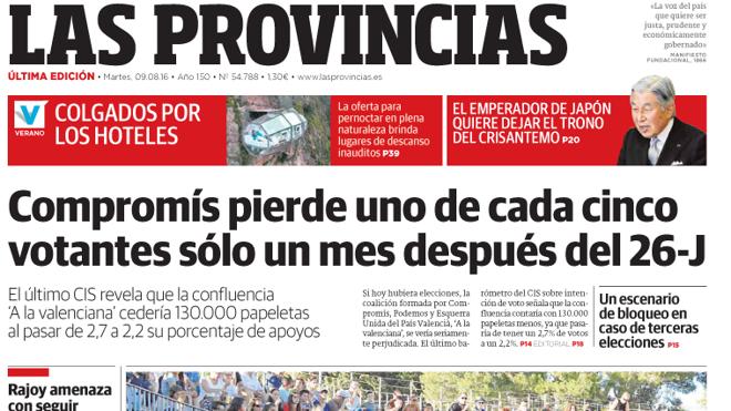 Portada de LAS PROVINCIAS del martes 9 de agosto de 2016