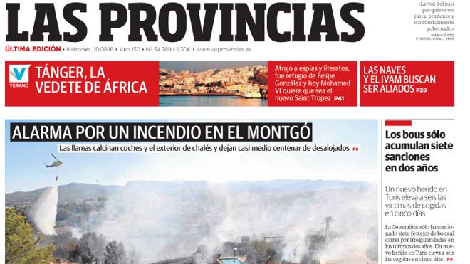 Portada de LAS PROVINCIAS del miércoles 10 de agosto de 2016