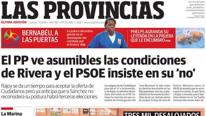 Portada de LAS PROVINCIAS del jueves 11 de agosto de 2016