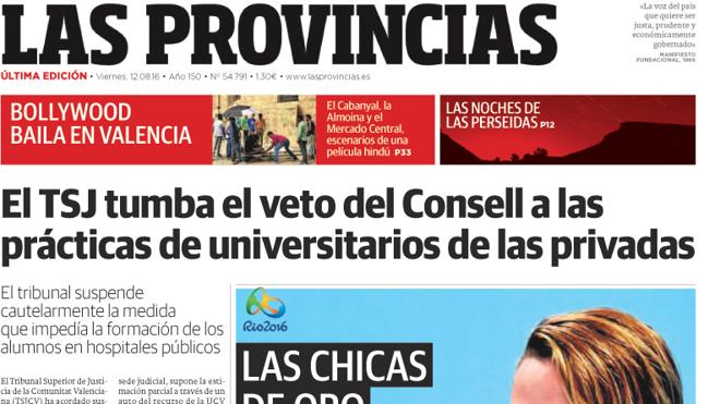 Portada de LAS PROVINCIAS del viernes 12 de agosto de 2016