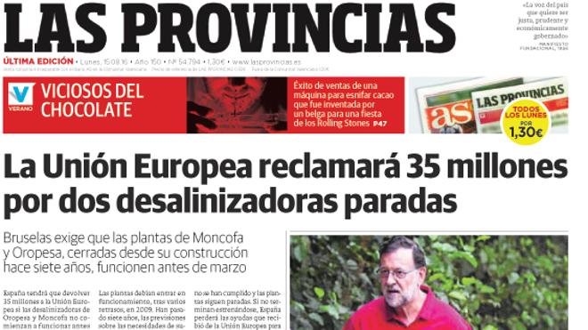 Portada de LAS PROVINCIAS del lunes 15 de agosto de 2016