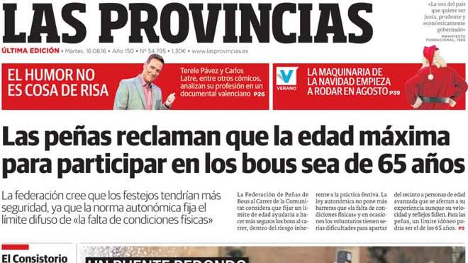 Portada de LAS PROVINCIAS del martes 16 de agosto de 2016