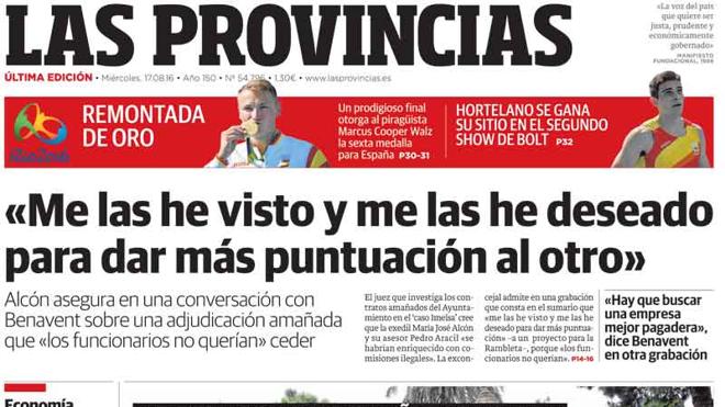 Portada de LAS PROVINCIAS del miércoles 17 de agosto de 2016