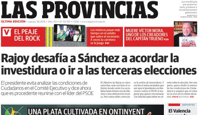Portada de LAS PROVINCIAS del jueves 18 de agosto de 2016