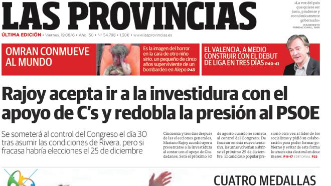 Portada de LAS PROVINCIAS del viernes 19 de agosto de 2016