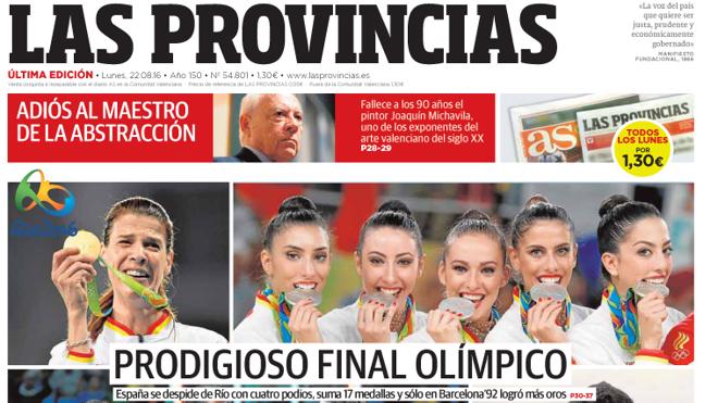 Portada de LAS PROVINCIAS del lunes 22 de agosto de 2016