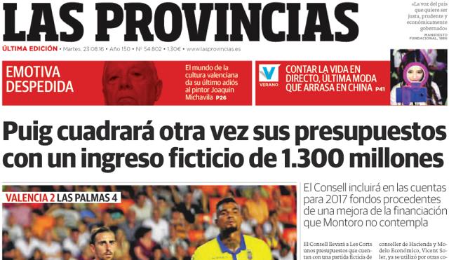 Portada de LAS PROVINCIAS del martes 23 de agosto de 2016