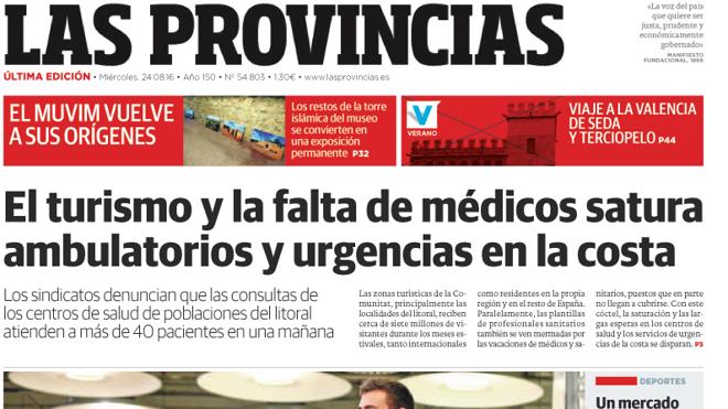 Portada de LAS PROVINCIAS del miércoles 24 de agosto de 2016