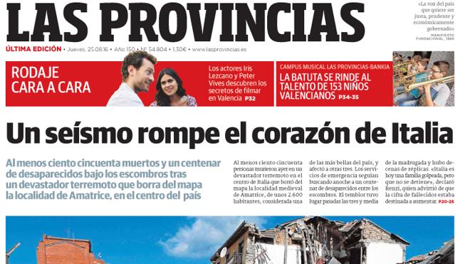 Portada de LAS PROVINCIAS del jueves 25 de agosto de 2016