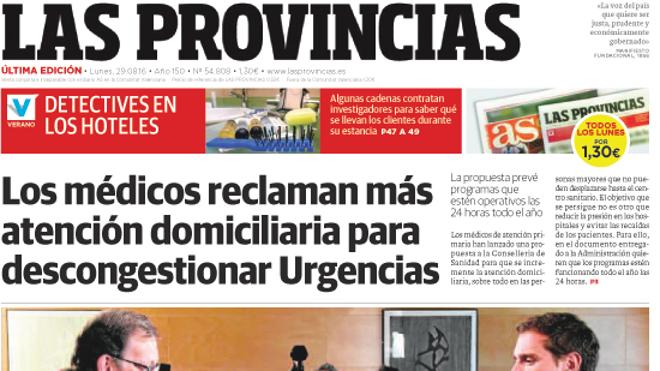 Portada de LAS PROVINCIAS del lunes 29 de agosto de 2016