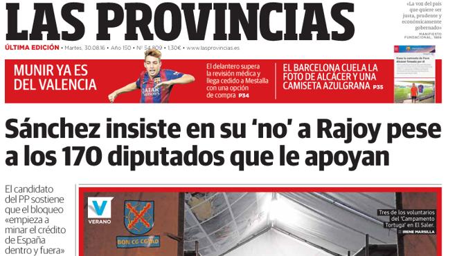 Portada de LAS PROVINCIAS del martes 30 de agosto de 2016