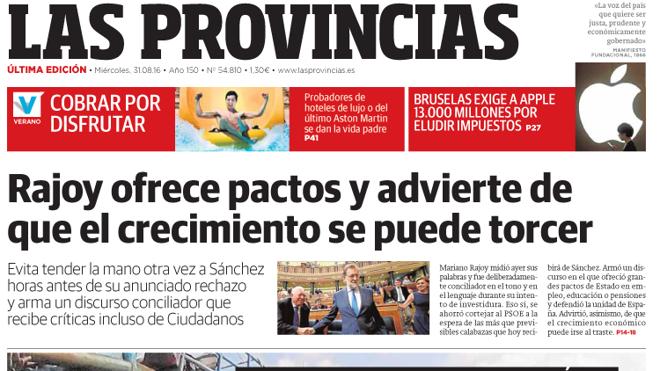 Portada de LAS PROVINCIAS del miércoles 31 de agosto de 2016