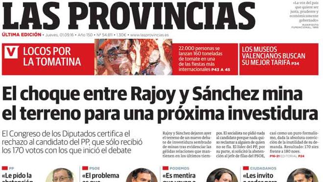 Portada de LAS PROVINCIAS del jueves 1 de septiembre de 2016