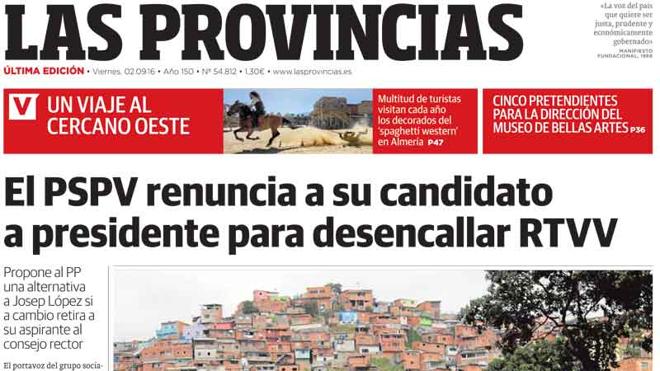 Portada de LAS PROVINCIAS del viernes 2 de septiembre de 2016