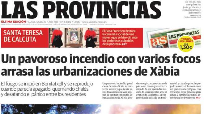 Portada de LAS PROVINCIAS del lunes 5 de septiembre de 2016