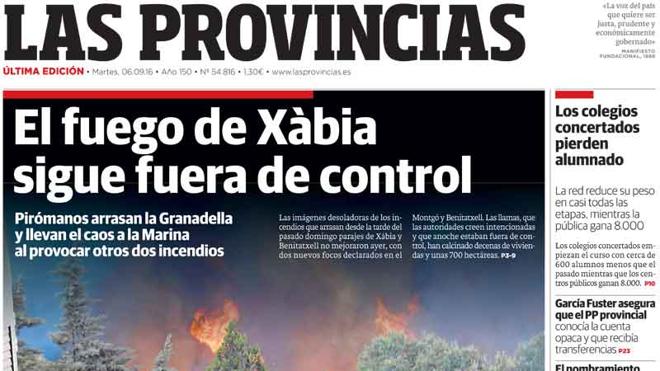 Portada de LAS PROVINCIAS del martes 6 de septiembre de 2016