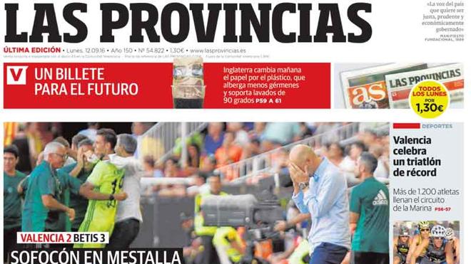 Portada de LAS PROVINCIAS del lunes 12 de septiembre de 2016