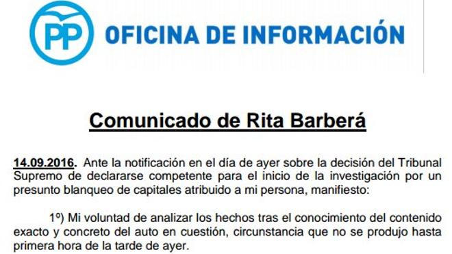 Comunicado completo de Rita Barberá en el que anuncia su baja del PP