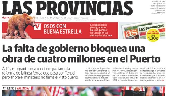Portada de LAS PROVINCIAS del lunes 19 de septiembre de 2016