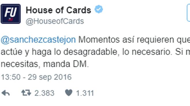 La cuenta oficial de 'House of cards' escribe a Pedro Sánchez