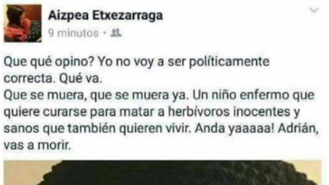 «Adrián, vas a morir», el mensaje de una antitaurina a un niño enfermo de cáncer