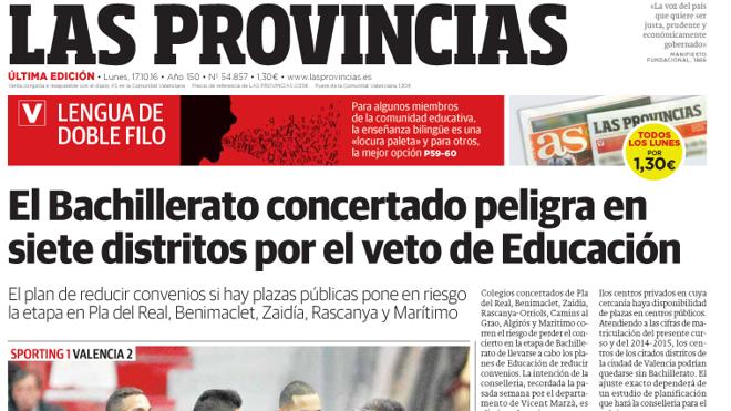 Portada de LAS PROVINCIAS del lunes 10 de octubre de 2016