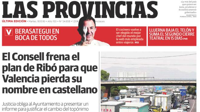 Portada de LAS PROVINCIAS del martes 18 de octubre de 2016
