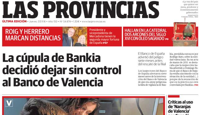 Portada de LAS PROVINCIAS del jueves 3 de noviembre de 2016