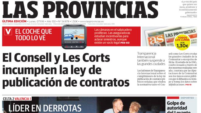 Portada de LAS PROVINCIAS del lunes 7 de noviembre de 2016