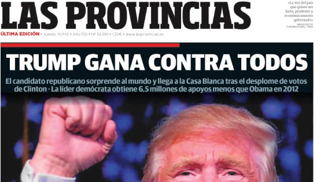 Portada de LAS PROVINCIAS del jueves 10 de noviembre de 2016