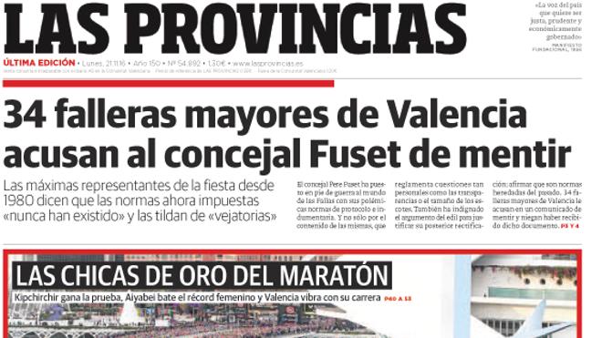 Portada de LAS PROVINCIAS del lunes 21 de noviembre de 2016