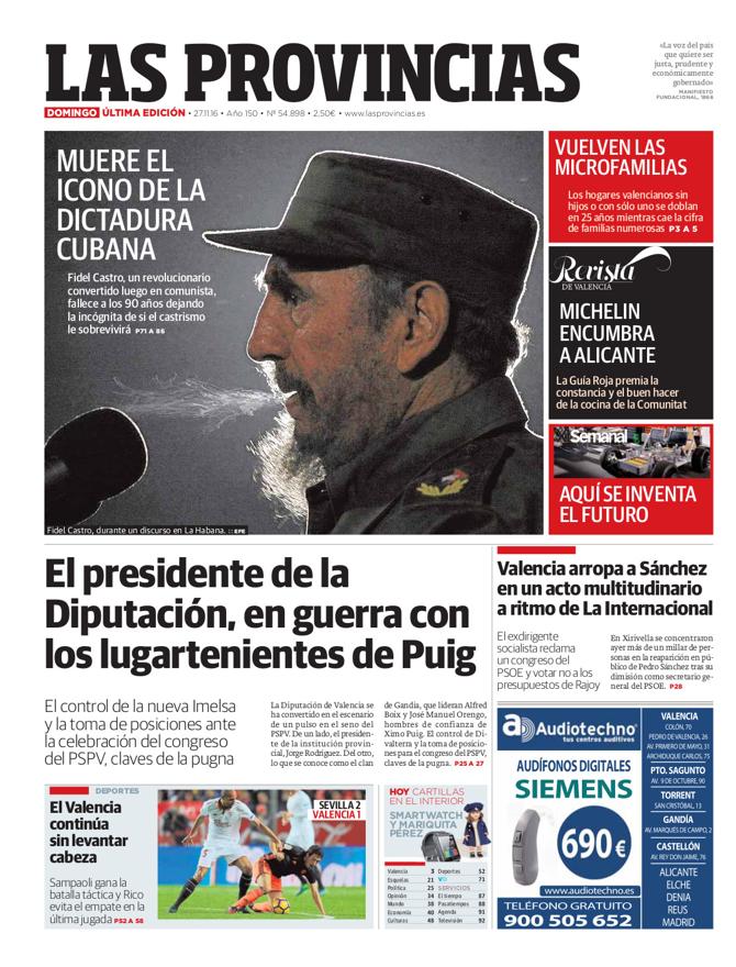 Portada de LAS PROVINCIAS del domingo 27 de noviembre de 2016