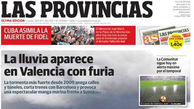 Portada de LAS PROVINCIAS del lunes 28 de noviembre de 2016