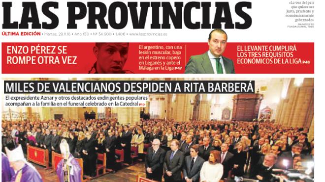Portada de LAS PROVINCIAS del martes 29 de noviembre de 2016