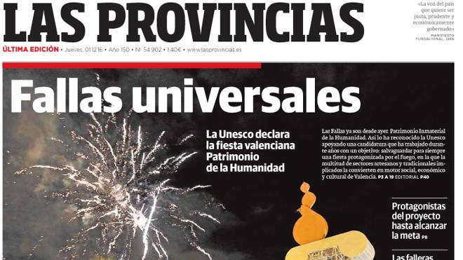 Portada de LAS PROVINCIAS del jueves 1 de diciembre de 2016