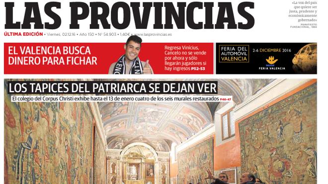 Portada de LAS PROVINCIAS del viernes 2 de diciembre de 2016