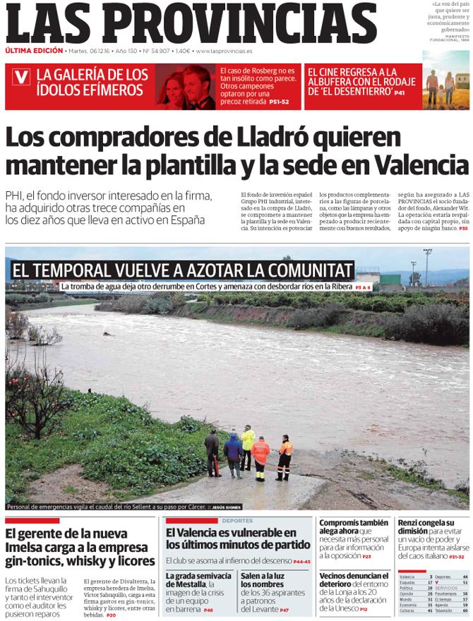 Portada de LAS PROVINCIAS del martes 6 de diciembre de 2016