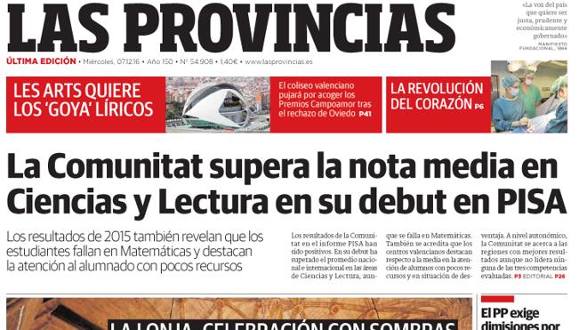 Portada de LAS PROVINCIAS del miércoles 7 de diciembre de 2016