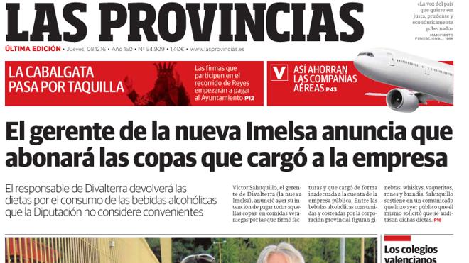 Portada de LAS PROVINCIAS del jueves 8 de diciembre de 2016