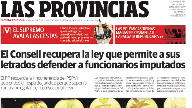 Portada de LAS PROVINCIAS del viernes 9 de diciembre de 2016