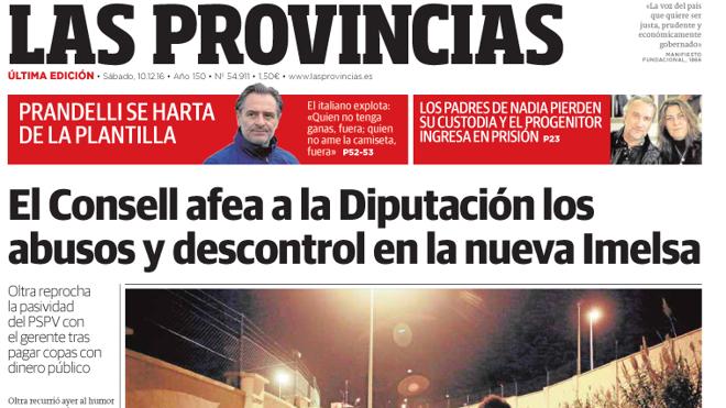 Portada de LAS PROVINCIAS del sábado 10 de diciembre de 2016