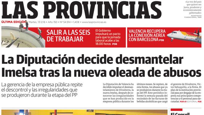 Portada de LAS PROVINCIAS del martes 13 de diciembre de 2016