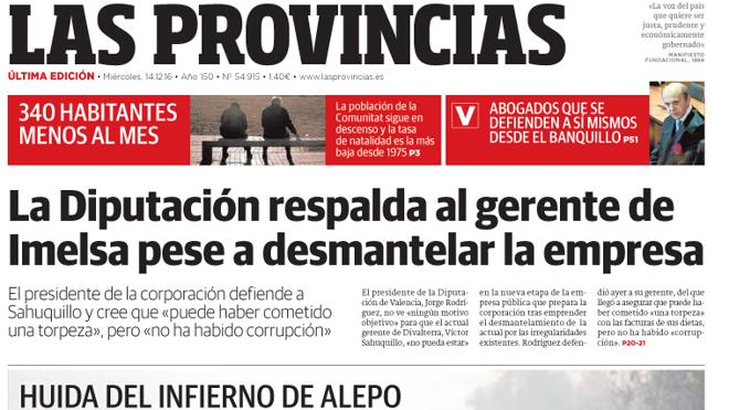 Portada de LAS PROVINCIAS del miércoles 14 de diciembre de 2016