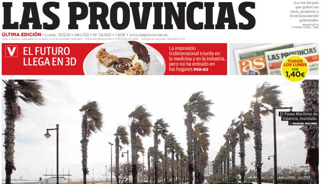 Portada de LAS PROVINCIAS del lunes 19 de diciembre de 2016