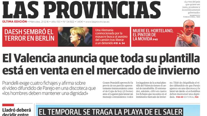 Portada de LAS PROVINCIAS del miércoles 21 de diciembre de 2016