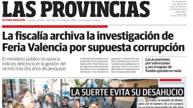Portada de LAS PROVINCIAS del viernes 23 de diciembre de 2016