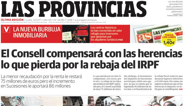 Portada de LAS PROVINCIAS del lunes 2 de enero de 2017