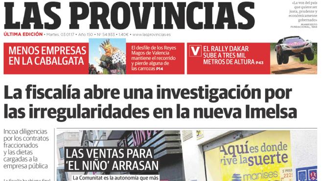 Portada de LAS PROVINCIAS del martes 3 de enero de 2017