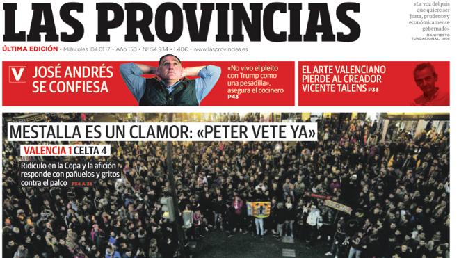 Portada de LAS PROVINCIAS del miércoles 4 de enero de 2017