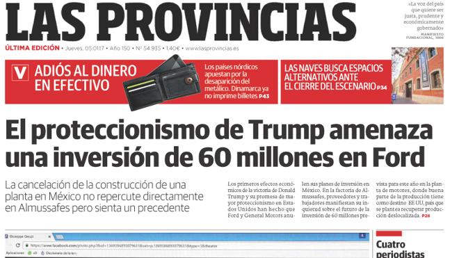 Portada de LAS PROVINCIAS del jueves 5 de enero de 2017